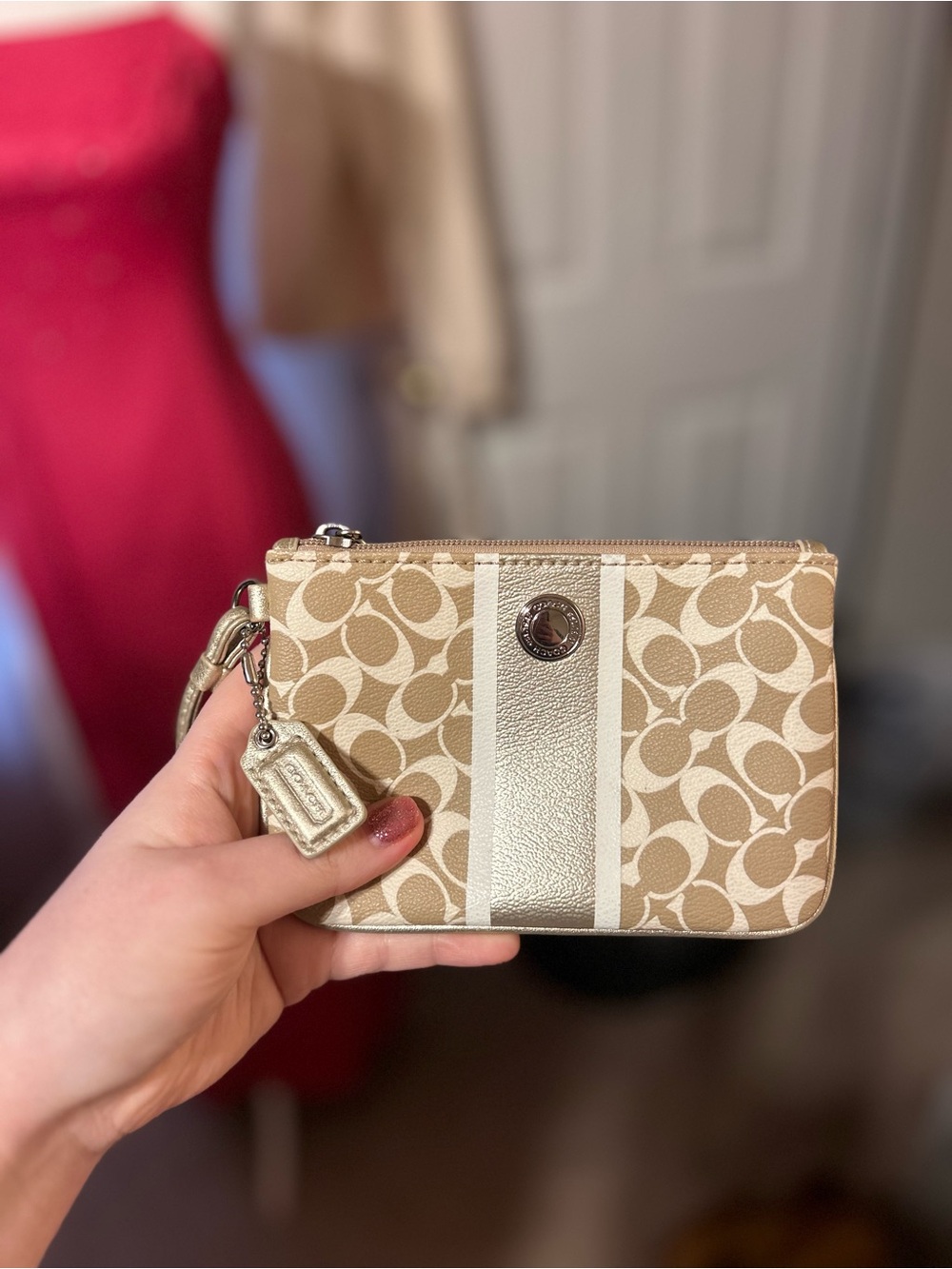 Coach Heritage Canvas Khaki Stripe Wristlet